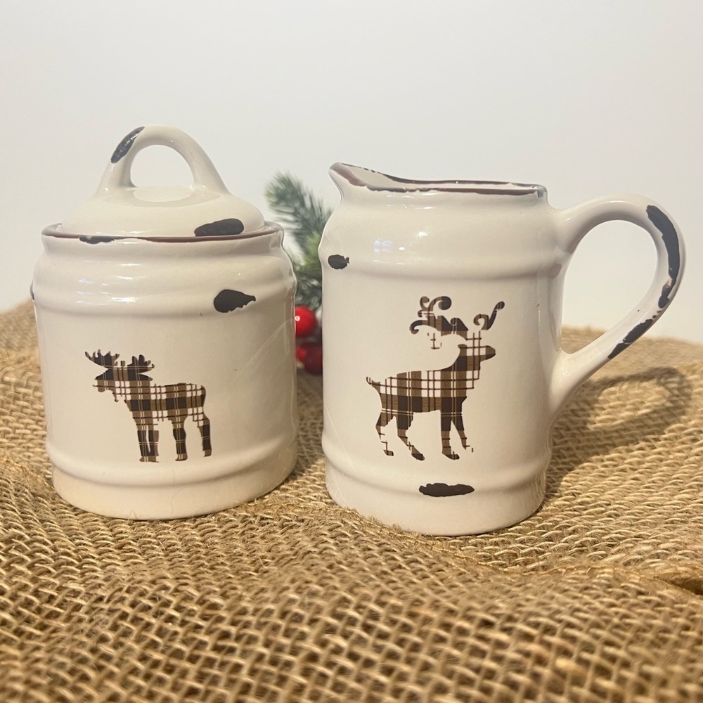 Plaid Reindeer Cream and Sugar Set